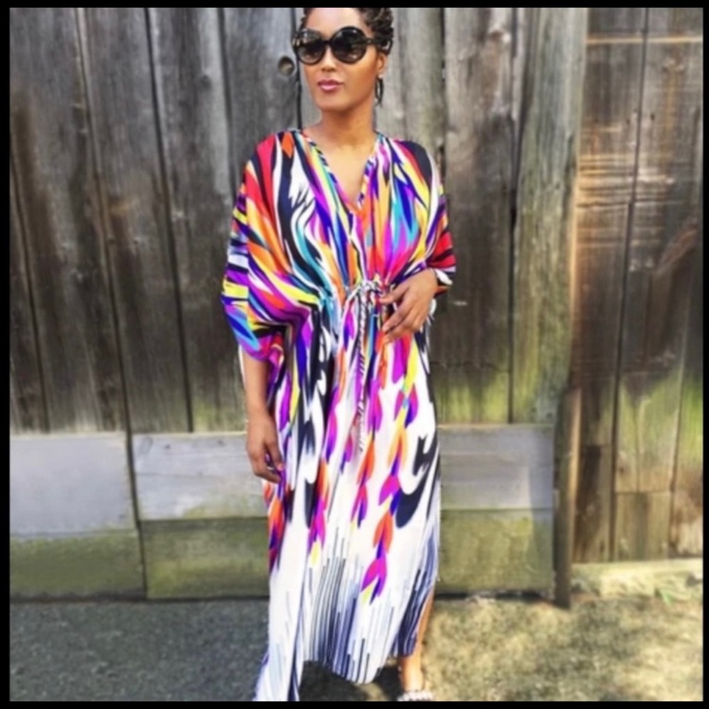 Drawstring V-Neck Multicolored Kaftan